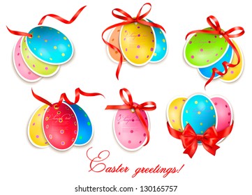 Decorative easter eggs.Easter cards with red bow and ribbons. Vector