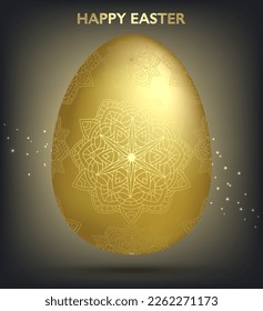 Decorative Easter golden egg with patterns, mandala. Traditional hand drawn ornamental floral spring egg. Abstract geometric vector illustration for Easter holiday, greeting card, invitation, web