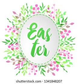 Decorative Easter greeting card with egg, pink flowers and green leaves. Festive background. Vector illustration. Holiday greeting card.