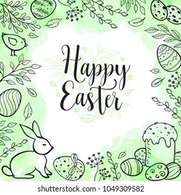 Decorative Easter greeting card with eggs, rabbit, leaves and green watercolor texture. Hand drawn vector illustration.