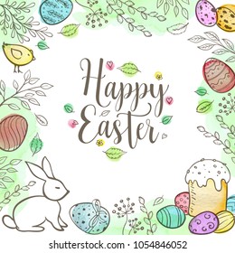 Decorative Easter greeting card with eggs, rabbit, leaves and watercolor textures. Hand drawn vector illustration.