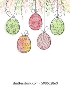 Decorative Easter greeting card with eggs and green leaves. Hand drawn vector illustration.