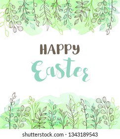Decorative Easter greeting card with flowers and green watercolor texture. Festive background. Vector illustration. 