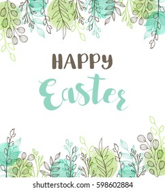Decorative Easter greeting card with green leaves. Hand drawn vector illustration.