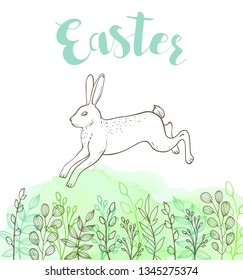 Decorative Easter greeting card with rabbit and green watercolor texture. Festive background. Vector illustration. 