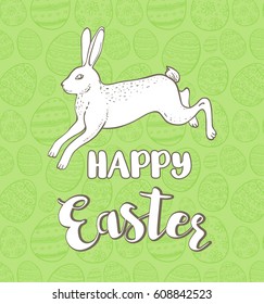 Decorative Easter greeting card with rabbit on a green background. Hand drawn vector illustration.