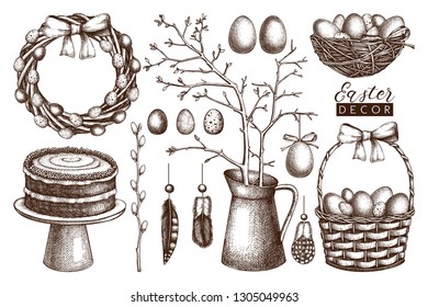 Decorative Easter illustrations set. Shabby Chic style. Spring holiday design elements. Hand drawn eggs, basket, carrot cake, tree twigs, wreath. Perfect for greeting cards or invitions, posters.