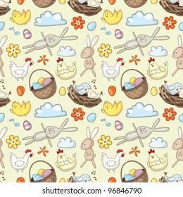 Decorative Easter pattern with eggs, rabbits and chickens.