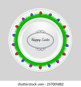 Decorative easter plate on gray background, top view