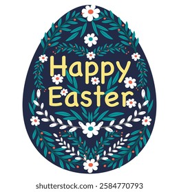 A decorative Easter poster in the shape of an egg, featuring intricate floral and willow branch patterns with a "Happy Easter" message. Ideal for festive invitations, greeting cards