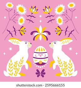 Decorative Easter Rabbits and Egg in Folk Art Style. Easter Greeting Card, decorative illustration featuring two symmetrical Easter rabbits in a folk art style, adorned with intricate floral patterns