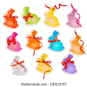 Decorative easter rabbits.Easter cards with red bow and ribbons. Vector