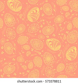 Decorative Easter Seamless Pattern with hand drawn ornamental eggs and floral elements in pastels shades. Doodle style eggs. Stock vector