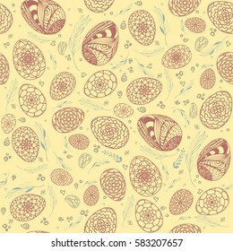 Decorative Easter Seamless Pattern with hand drawn ornamental eggs and floral elements in soft pastel colors. Doodle style eggs. Stock vector