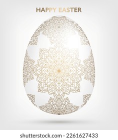 Decorative Easter white egg with golden patterns, mandala. Traditional ornamental floral spring egg. Abstract geometric vector illustration for Easter holiday, greeting card, invitation, web design