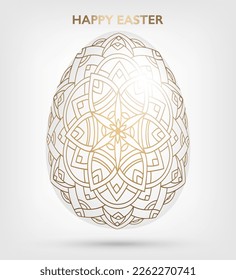 Huevo blanco decorativo de Pascua con motivos dorados, mandala. Huevo tradicional ornamental de primavera floral. Resumen de ilustración vectorial geométrica para vacaciones de Pascua, tarjeta de saludo, invitación, diseño web
