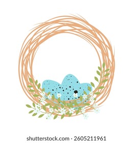 Decorative Easter wreath made of twigs willow with blue eggs. Easter greeting card. Vector illustration