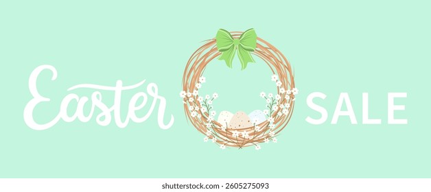 Decorative Easter wreath made of twigs willow with eggs and bow. Commercial banner for Easter holiday season shopping promotion and sale advertisingVector illustration