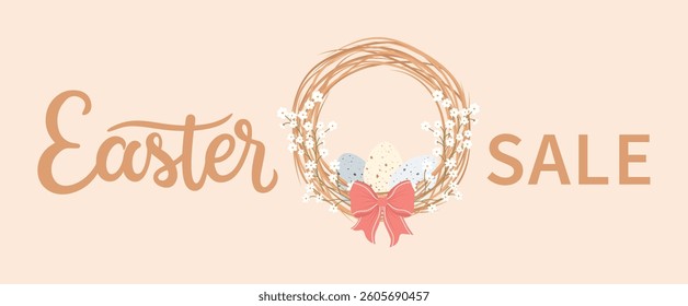 Decorative Easter wreath made of twigs willow with eggs and bow. Commercial banner for Easter holiday season shopping promotion and sale advertisingVector illustration