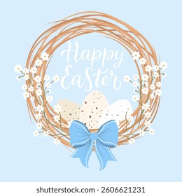 Decorative Easter wreath made of twigs willow with eggs and bow. Easter greeting card. Vector illustration