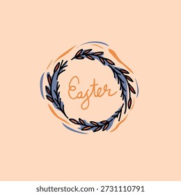 Una corona de Pascua decorativa con hojas de color azul marino y melocotón formando un círculo, con un elegante guion de 'Pascua' escrito a mano sobre un cálido telón de fondo de melocotón. Ideal para tarjetas de primavera, marca y diseños festivos.