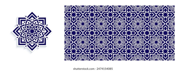 Decorative eastern design elements. Paper cut mandala flower and seamless pattern. Ornament in asian style. Islamic floral decor and template print for wallpaper, card. Elegant dark blue, white color