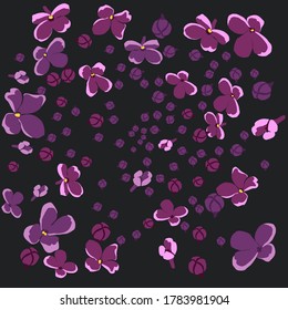 Decorative eco pattern of flying lilac flowers on a dark background. The wind blows