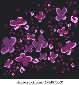 Patrón ecológico decorativo de flores lilas voladoras sobre un fondo oscuro. El viento sopla
