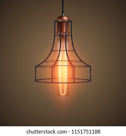 Decorative edison light bulb in Retro design wire lampshade. Vintage and antique style with copper. Original Vintage design. Vector Illustration