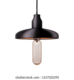 Decorative edison light bulb in Retro design ceiling cone lamp. Vintage and antique style with black metal. Original Vintage design. Vector Illustration isolated on white background