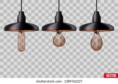 Decorative Edison Light Bulb In Retro Design Ceiling Cone Lamp. Antique Style With Black Metal Shade. Original Vintage Design. Vector Illustration Isolated On Transparent Background