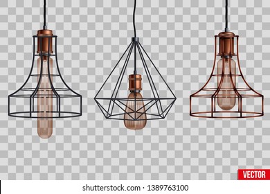 Decorative edison light bulb in Retro design copper wire lampshade. Original Vintage design. Vector Illustration isolated on transparent background
