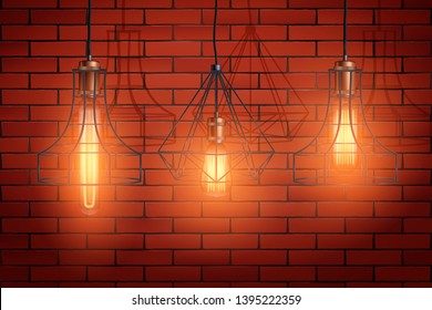 Decorative edison light bulb in Retro design copper wire lampshadeon brick wall. Original Vintage design. Switch on. Vector Illustration