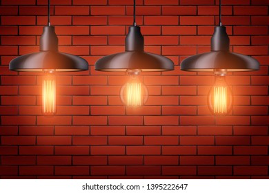 Decorative edison light bulb in Retro design ceiling cone lamp on brick wall. Antique style with black metal shade. Original Vintage design. Switch on. Vector Illustration