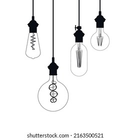 Decorative edison style filament light bulbs hanging. Vector. Black and white