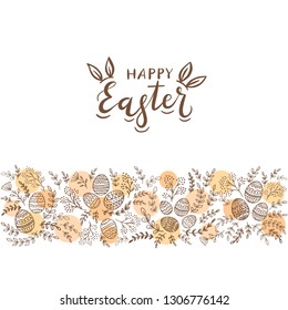 Decorative eggs with abstract orange circles and floral elements. Lettering Happy Easter with rabbit ears on white background, illustration.