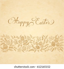 Decorative eggs with floral elements and lettering Happy Easter on beige background, illustration.