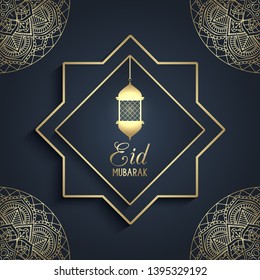 Decorativo fondo de Eid Mubarak en azul y oro con linterna colgante