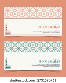 Dekoratives Eid Mubarak Banner Set mit sanften Pastellfarben und islamischen geometrischen Mustern. Ideal für Briefumschläge, digitale Banner, Social-Media-Header und islamische Feste.