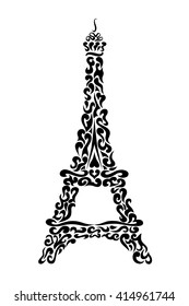 Decorative Eiffel Tower black ornaments. Isolated on white background. Vector Illustration.