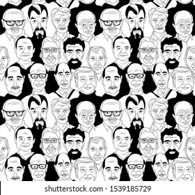 Decorative elderly senior men's head seamless pattern background Happy Father's Day. Hand drawn grunge line drawing doodle black and white vector illustration poster