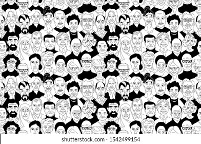 Decorative elderly senior women's men's head seamless pattern background. Hand drawn grunge line drawing doodle black and white vector illustration poster