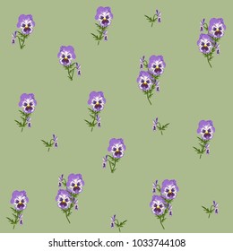 Decorative elegant backdrop with small-scale cute flower of viola on green background. For textile, wallpaper, covers, surface.