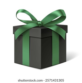 Decorative elegant black gift box with green bow isolated on white with shadow, for Christmas or St Patrick's Day sale design. Vector stock illustration.