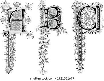 Decorative elegant capital letter A B C with floral ornaments on white background