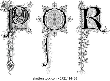 Decorative elegant capital letter P Q R with floral ornaments on white background