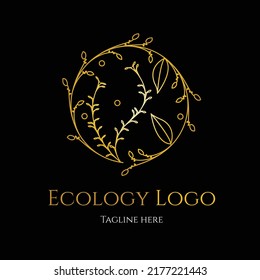 Decorative elegant floral circle badge logo vector illustration with dummy text on dark background.