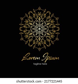 Decorative elegant floral circle badge logo vector illustration with dummy text on dark background.