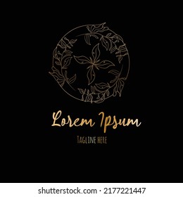 Decorative elegant floral circle badge logo vector illustration with dummy text on dark background.