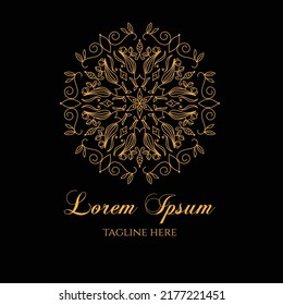 Decorative elegant floral circle badge logo vector illustration with dummy text on dark background.